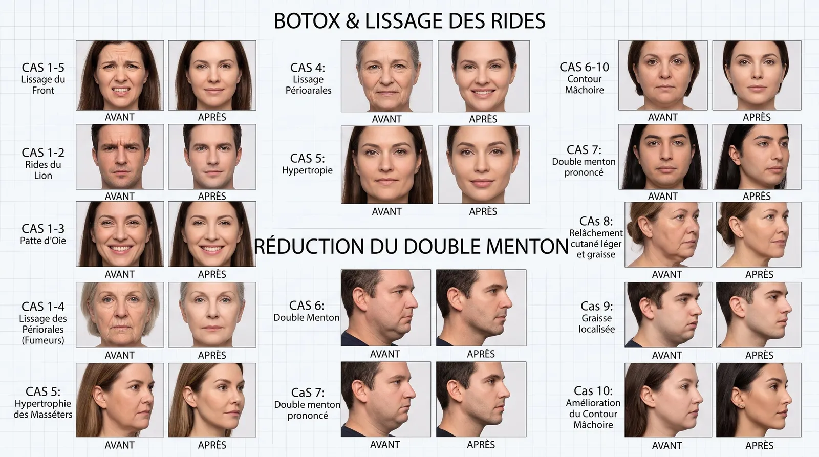 لوحة توضيحية: حالات قبل وبعد حقن Botox وتقليل الذقن المزدوج